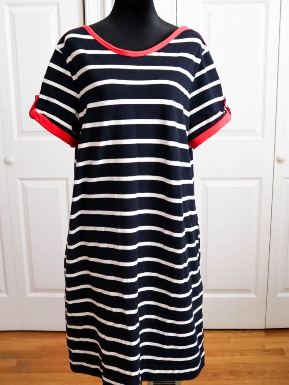 Lands' End Plus Size 1x Striped Midi T-Shirt Dress Short Sleeve Nautical Coastal